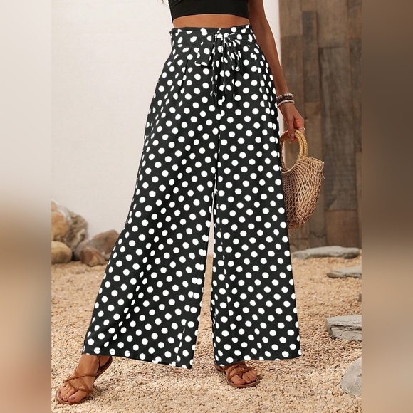 Women High Waist Polka Dot Print Wide Leg Relaxed Fit Casual Vacation Pants - Picture 3 of 5